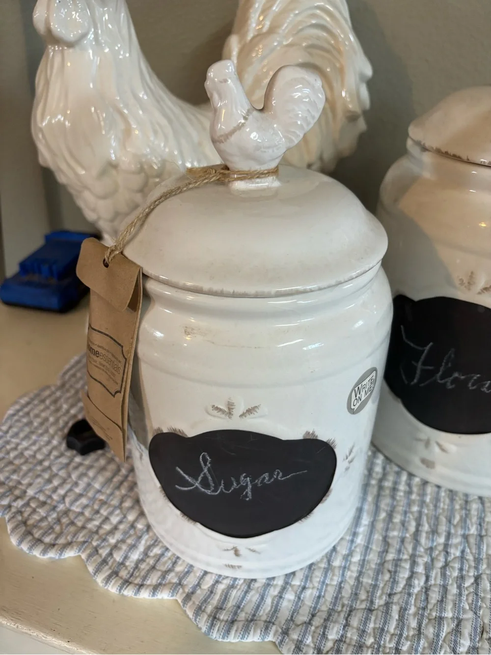 White Ceramic French CountryKitchen Canisters with Rooster Lid - White
